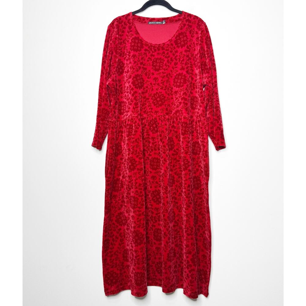 Gudrun Sjödén Red Floral Velvet Midi Dress L Organic Cotton Lagenlook Boho